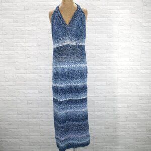 HAND CRAFTED Dress Crochet Halter Open Back Cut Out Floral Blue Ombre X-Large
